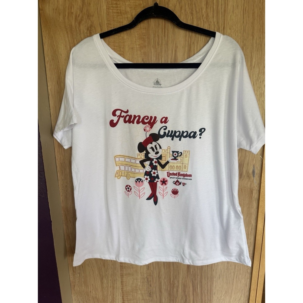 Disney Parks Epcot World Showcase Minnie Mouse UK Fancy A Cuppa Shirt Large NWT